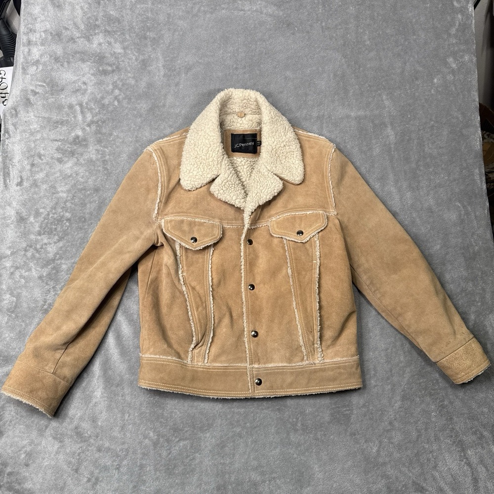 VTG JCPenney Jacket Men 40 Brown Suede Leather‎ Trucker Sherpa Yellowstone 70s